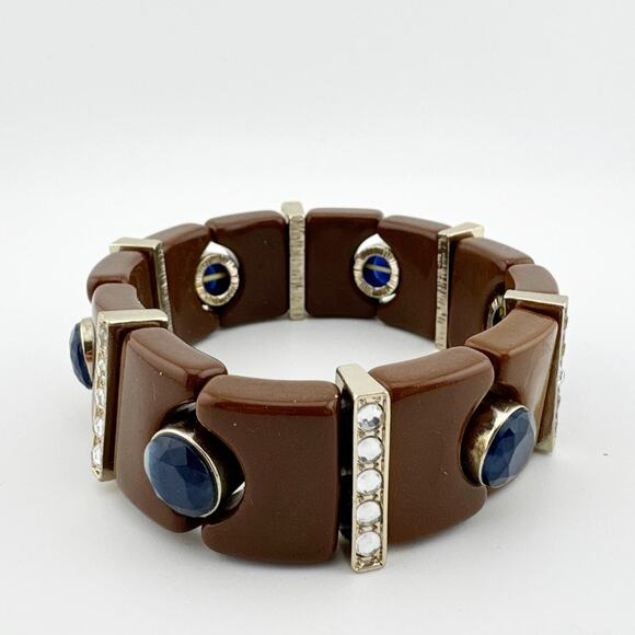 Vintage Brown Blue Gemstone Stretch Bangle Bracelet Retro Art Deco Style - Picture 7 of 8